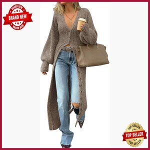 Chunky Knit V-Neck Button Down Maxi Cardigan Sweater Dress Loose Fit